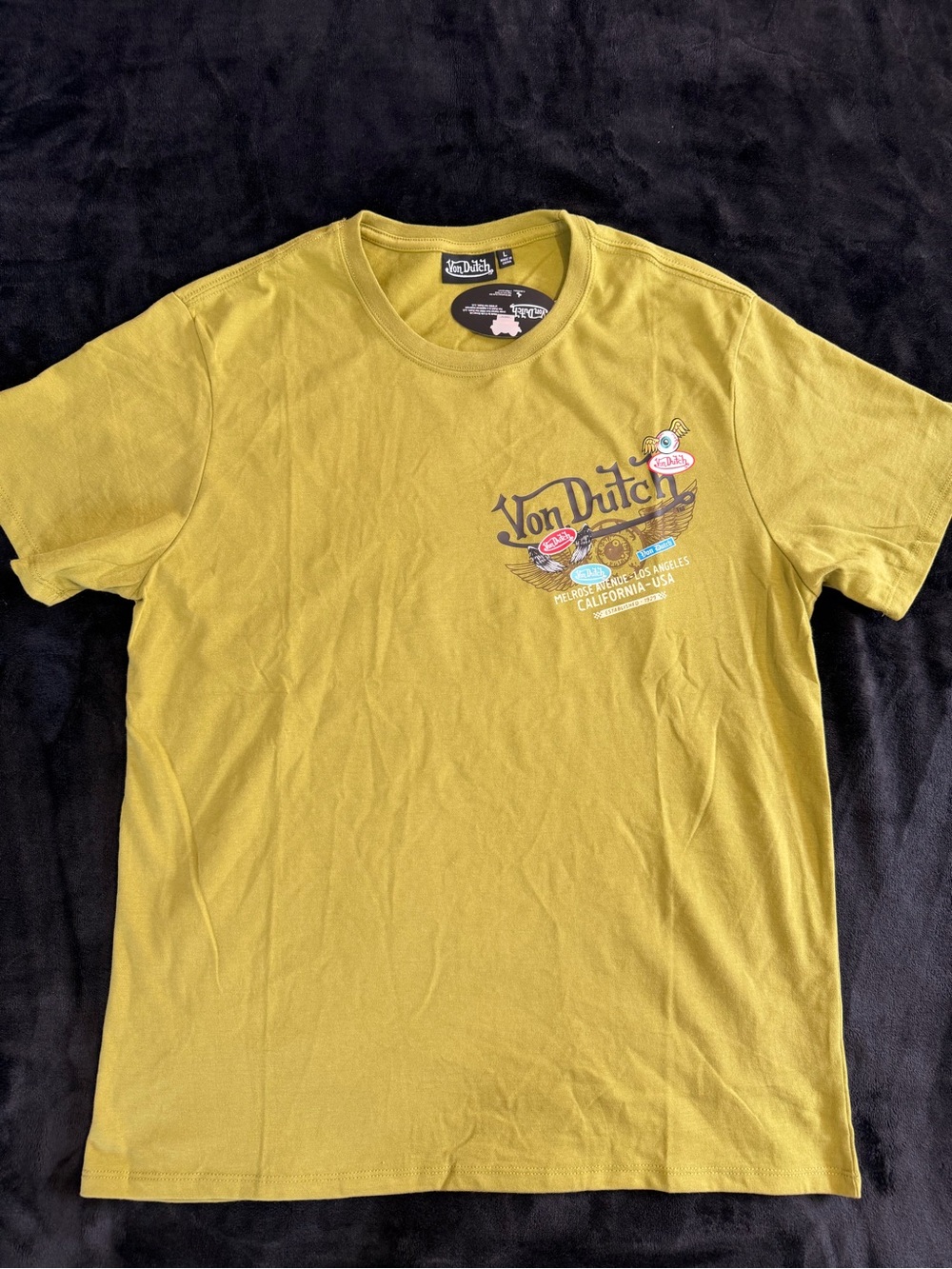 Von Dutch Olive Yellow Crewneck Tee with Chest Logo Large